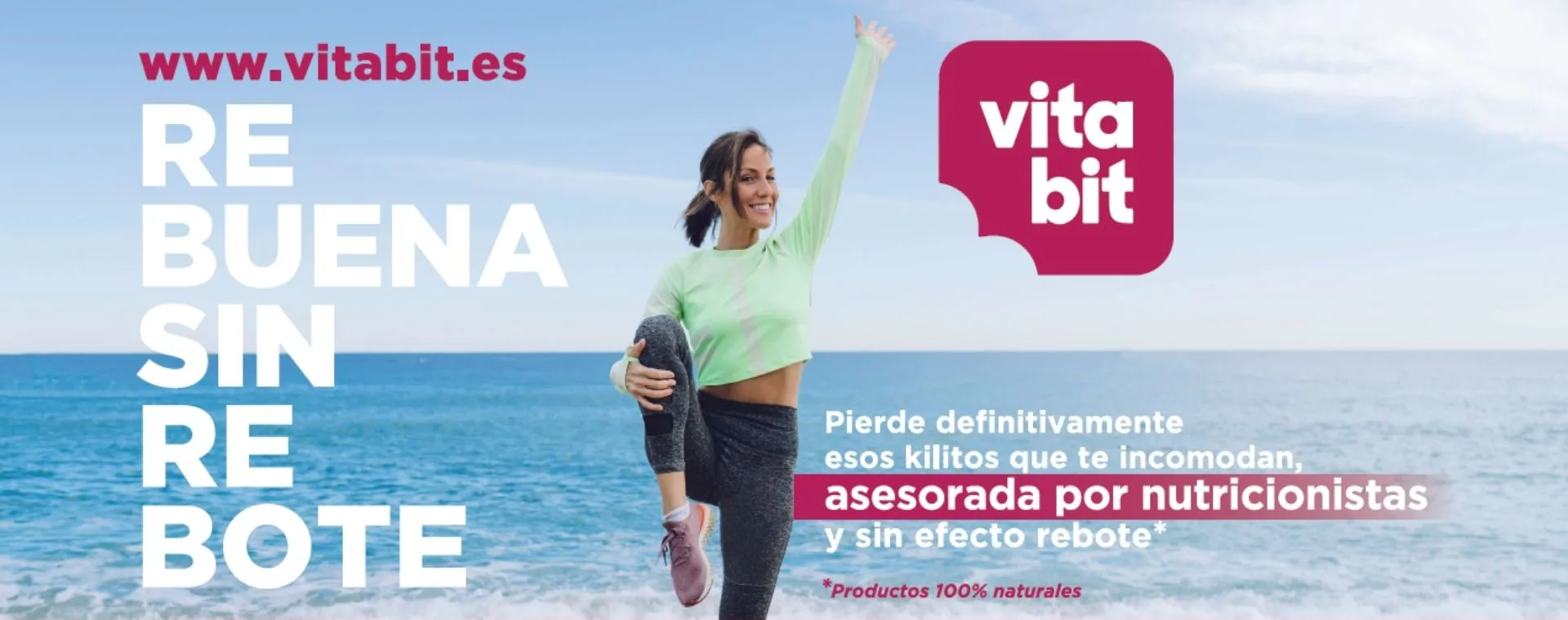 Persona haciendo ejercicios con el logo de vitabit y su eslogan: Rebuena sin rebote