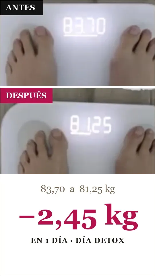 Báscula real Vitabit: de 83,70 a 81,25 kg, −2,45 kg (Día Detox, en 1 día)