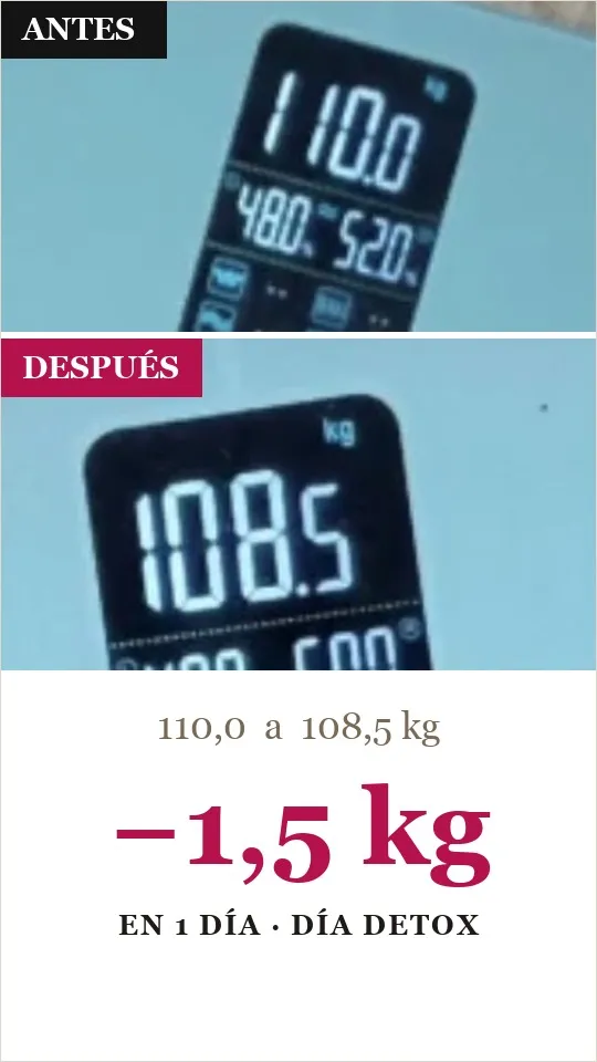 Báscula real Vitabit: de 110,0 a 108,5 kg, −1,5 kg (Día Detox, en 1 día)