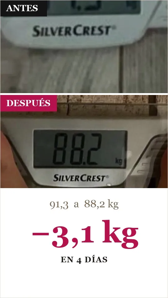Báscula real Vitabit: de 91,3 a 88,2 kg, −3,1 kg (en 4 días)