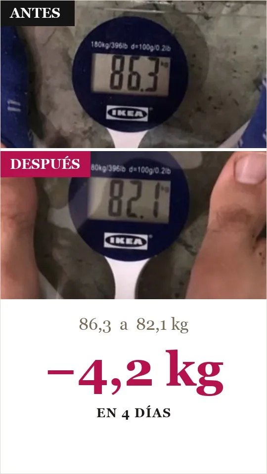 Báscula real Vitabit: de 86,3 a 82,1 kg, −4,2 kg (en 4 días)
