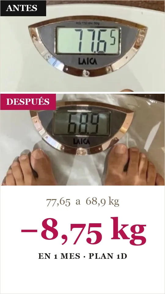 Báscula real Vitabit: de 77,65 a 68,9 kg, −8,75 kg (Plan 1D, en 1 mes)